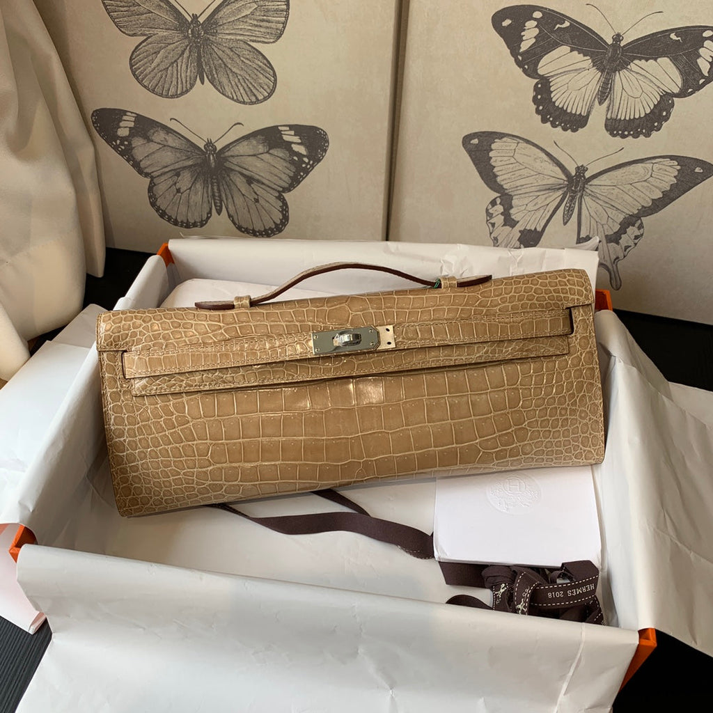 Hermes Kelly Cut 31 in Tortilla Brown Alligator Leather with Silver Hardware Bag