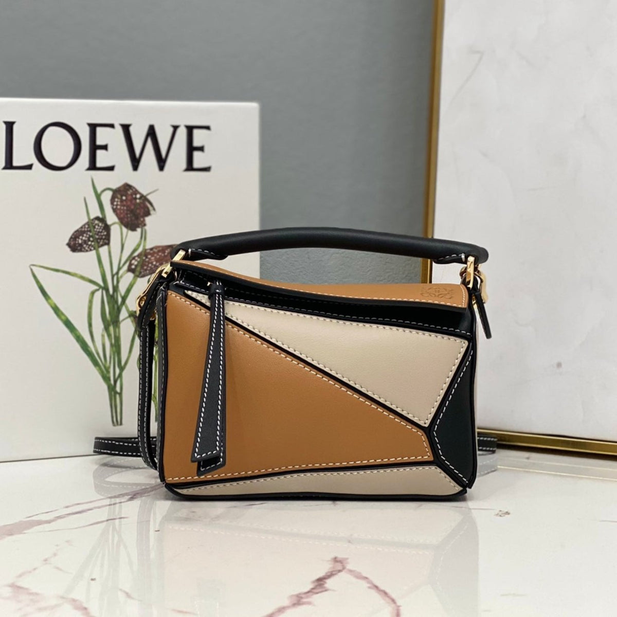 Loewe Mini 18 Puzzle Bag in Brown Mix Beige and Black Calfskin