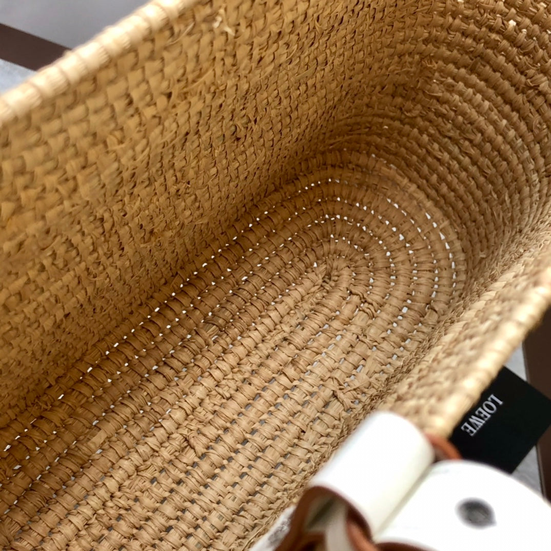 Loewe Square Basket Bag 28 in Natural Raffia and White Calfskin