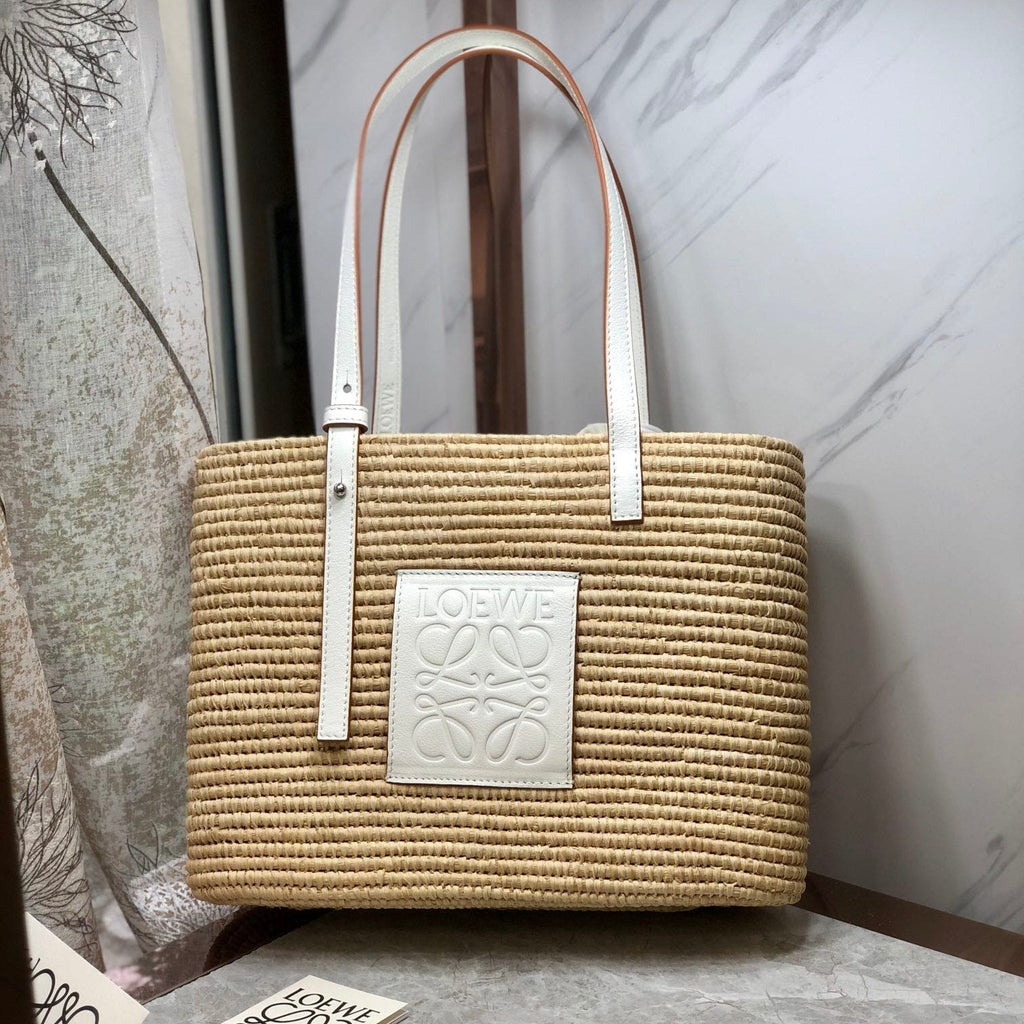 Loewe Square Basket Bag 28 in Natural Raffia and White Calfskin