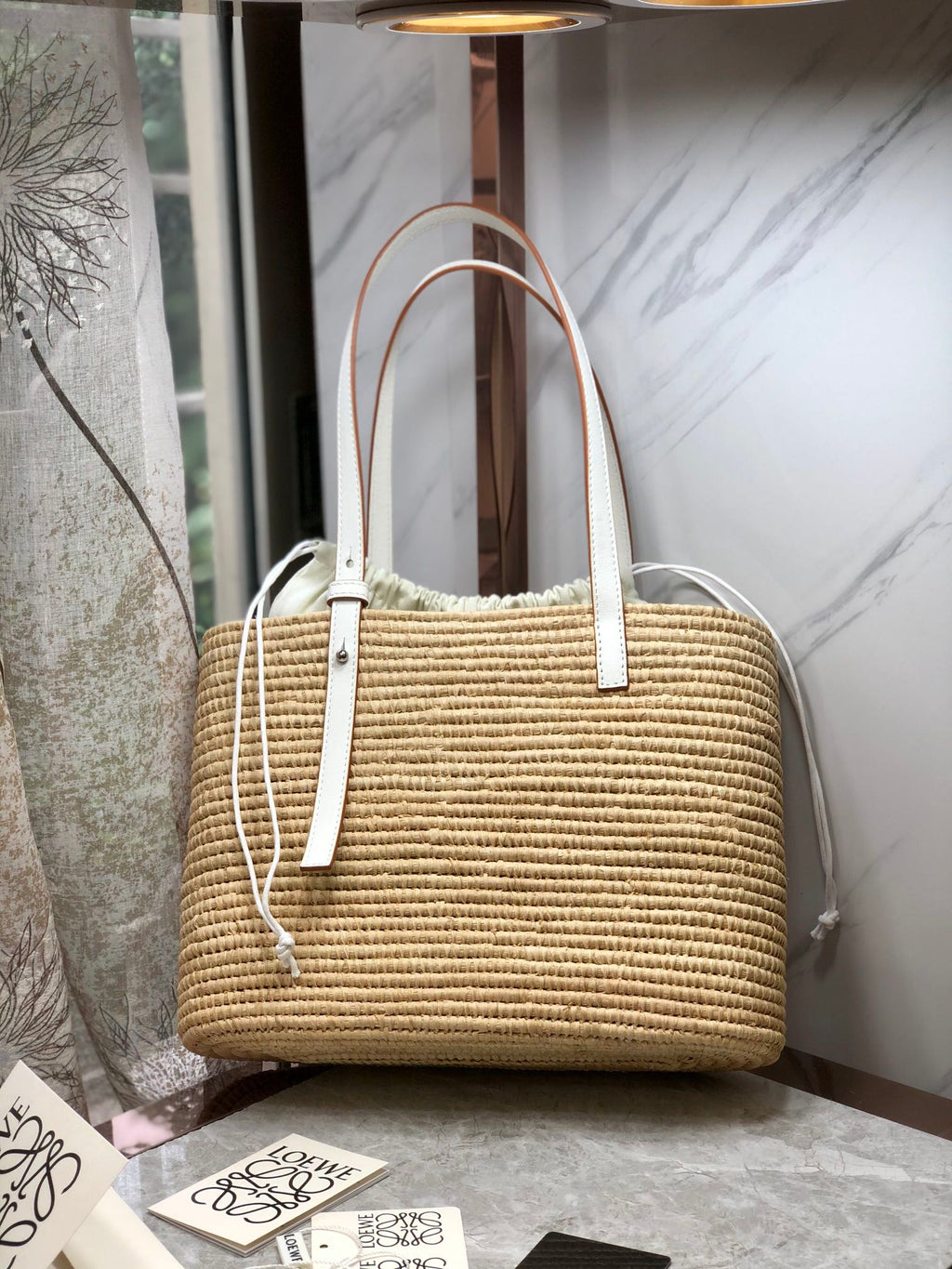 Loewe Square Basket Bag 28 in Natural Raffia and White Calfskin