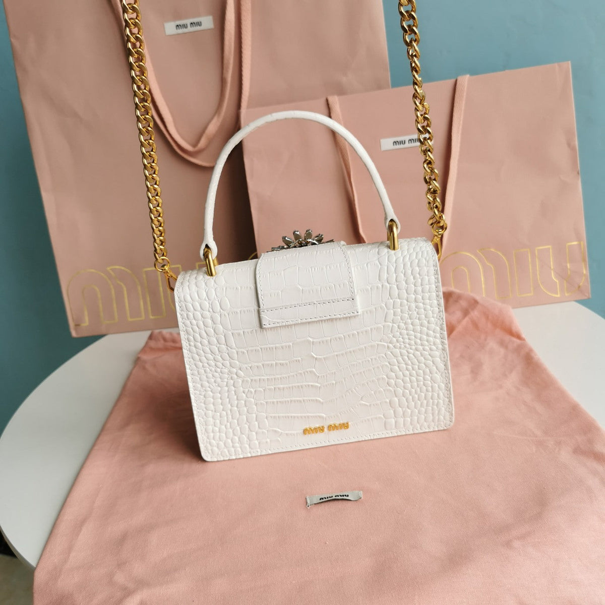 Lady 20 Handbag in Crocodile Pattern White Calfskin
