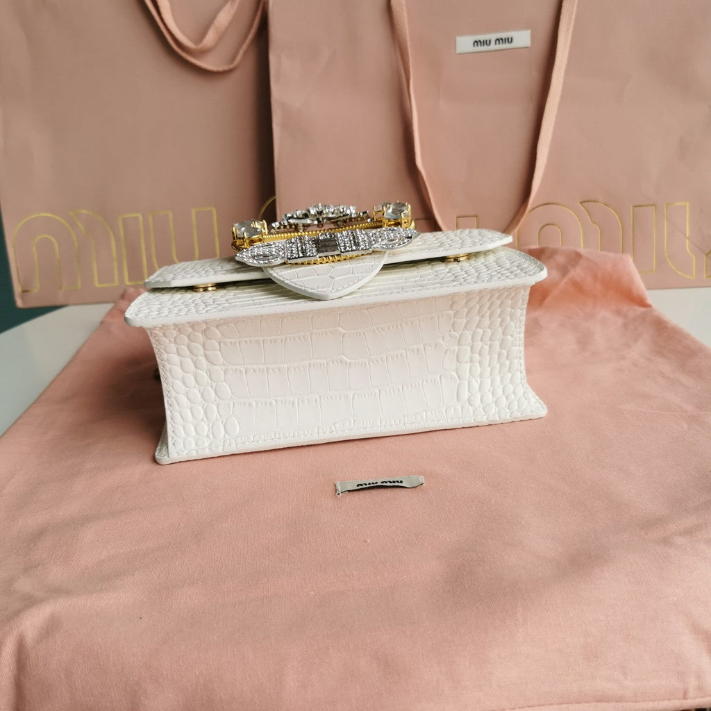 Lady 20 Handbag in Crocodile Pattern White Calfskin