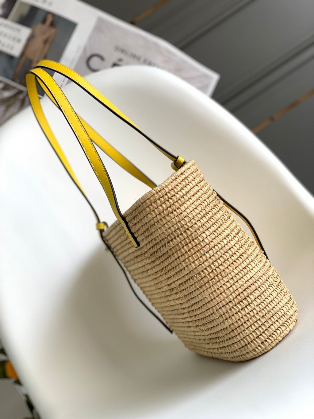 Loewe 25S Basket Bag 30 in Natural Mix Yellow Raffia Calfskin Shoulder Strap