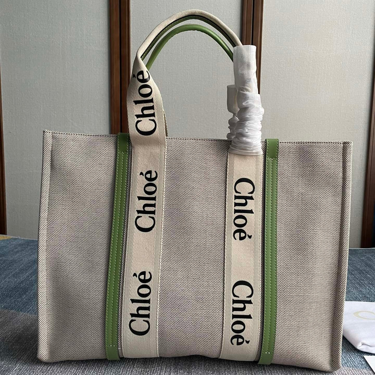 Lagre Woody Tote Bag 45 in Beige Linen Canvas Black Webbing Logo Embroider Green Calfskin