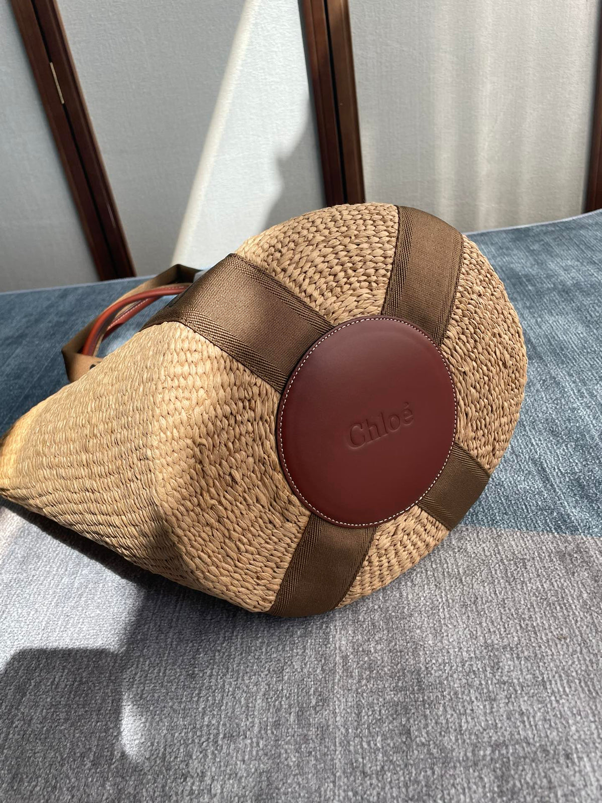 Lagre Woody Tote Bag 48 in Natural Fibers Brown Webbing and Calfskin