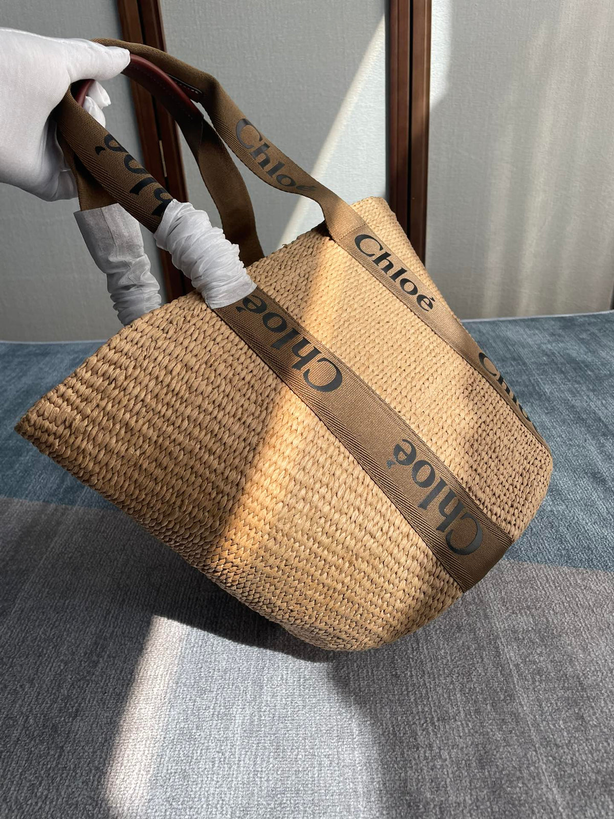 Lagre Woody Tote Bag 48 in Natural Fibers Brown Webbing and Calfskin