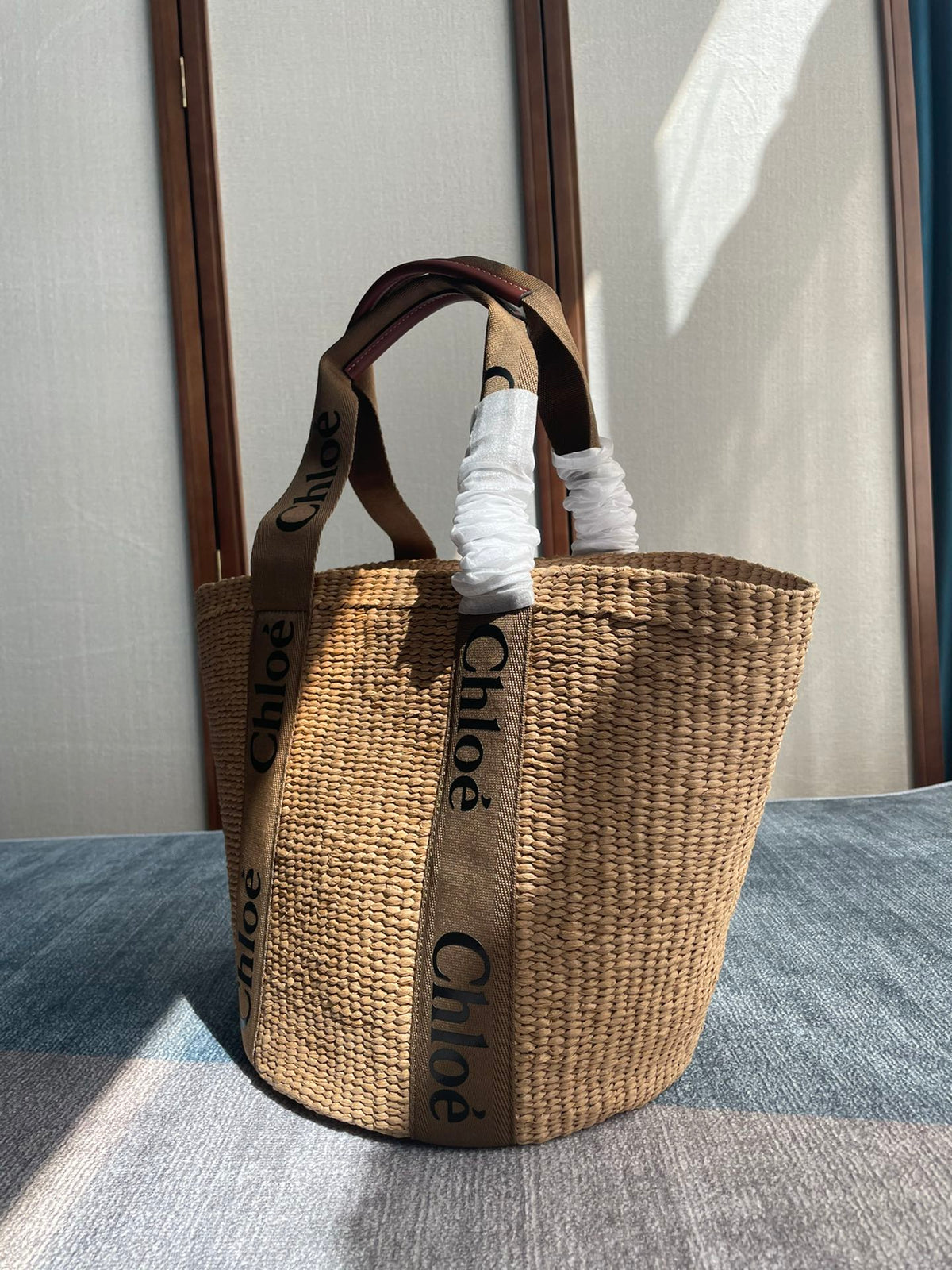 Lagre Woody Tote Bag 48 in Natural Fibers Brown Webbing and Calfskin