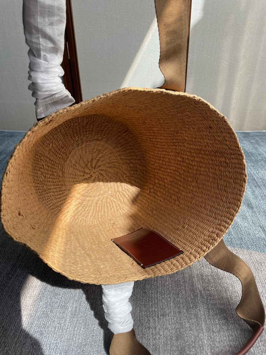 Lagre Woody Tote Bag 48 in Natural Fibers Brown Webbing and Calfskin