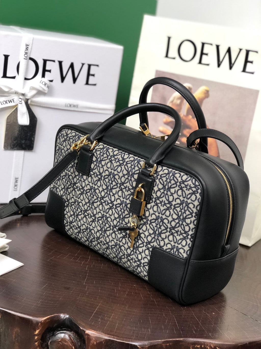 Loewe Amazona 28 Bag in Black Calfskin and Beige Monogram Fabric