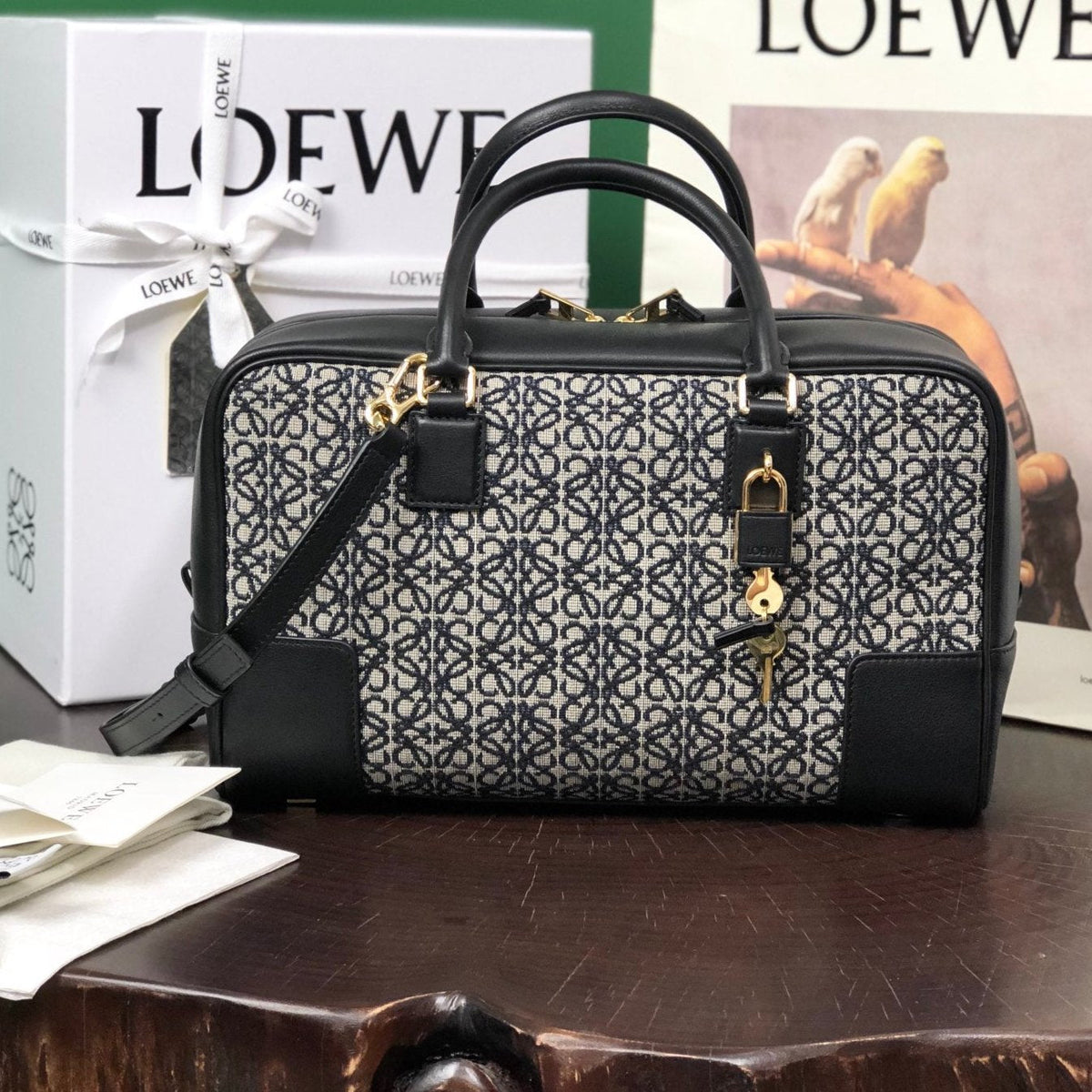 Loewe Amazona 28 Bag in Black Calfskin and Beige Monogram Fabric