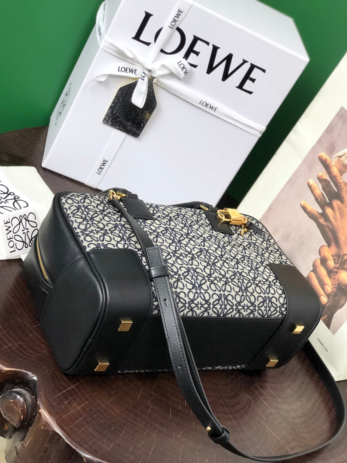 Loewe Amazona 28 Bag in Black Calfskin and Beige Monogram Fabric