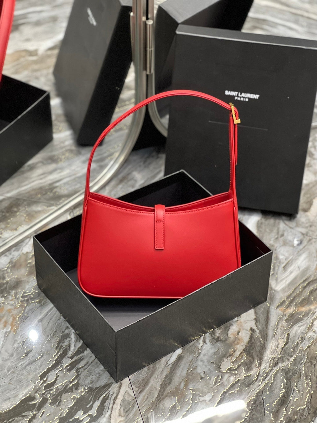 Saint Laurent Le 5 a 7 23 Red Lambskin Gold Hardware Bag
