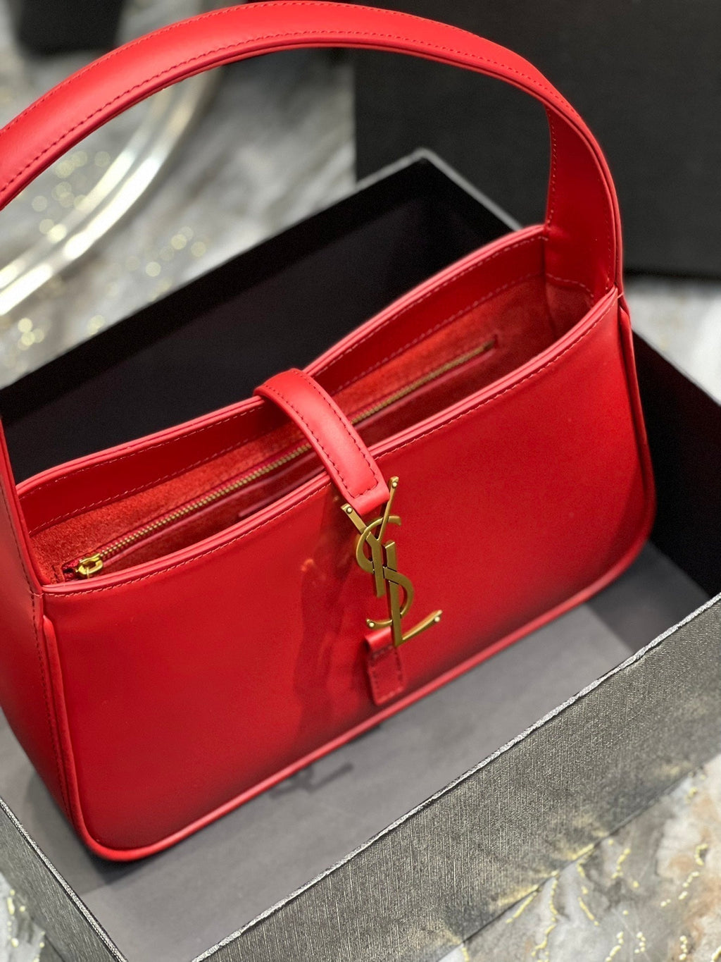 Saint Laurent Le 5 a 7 23 Red Lambskin Gold Hardware Bag