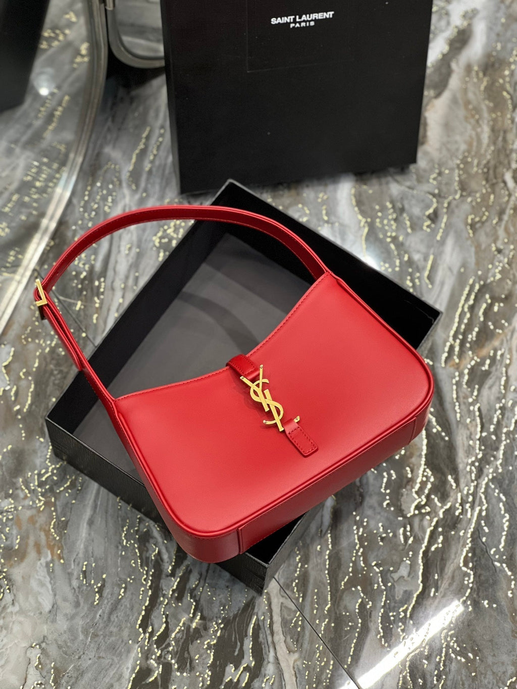 Saint Laurent Le 5 a 7 23 Red Lambskin Gold Hardware Bag