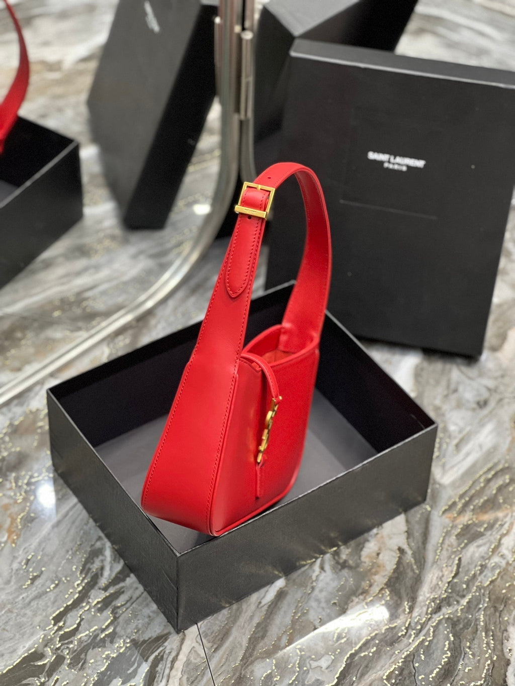 Saint Laurent Le 5 a 7 23 Red Lambskin Gold Hardware Bag