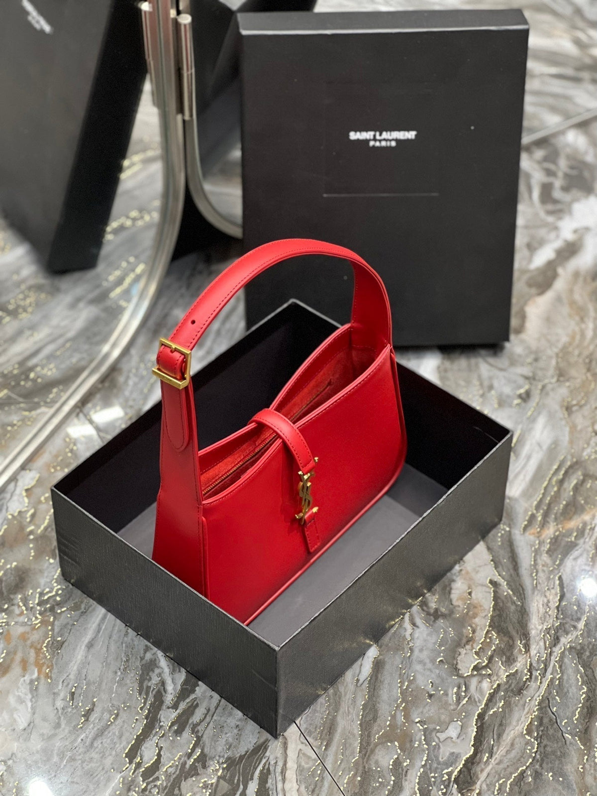 Saint Laurent Le 5 a 7 23 Red Lambskin Gold Hardware Bag