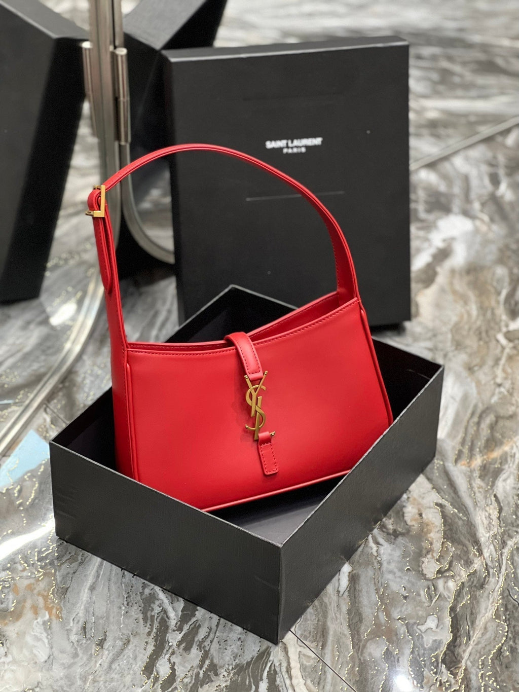 Saint Laurent Le 5 a 7 23 Red Lambskin Gold Hardware Bag