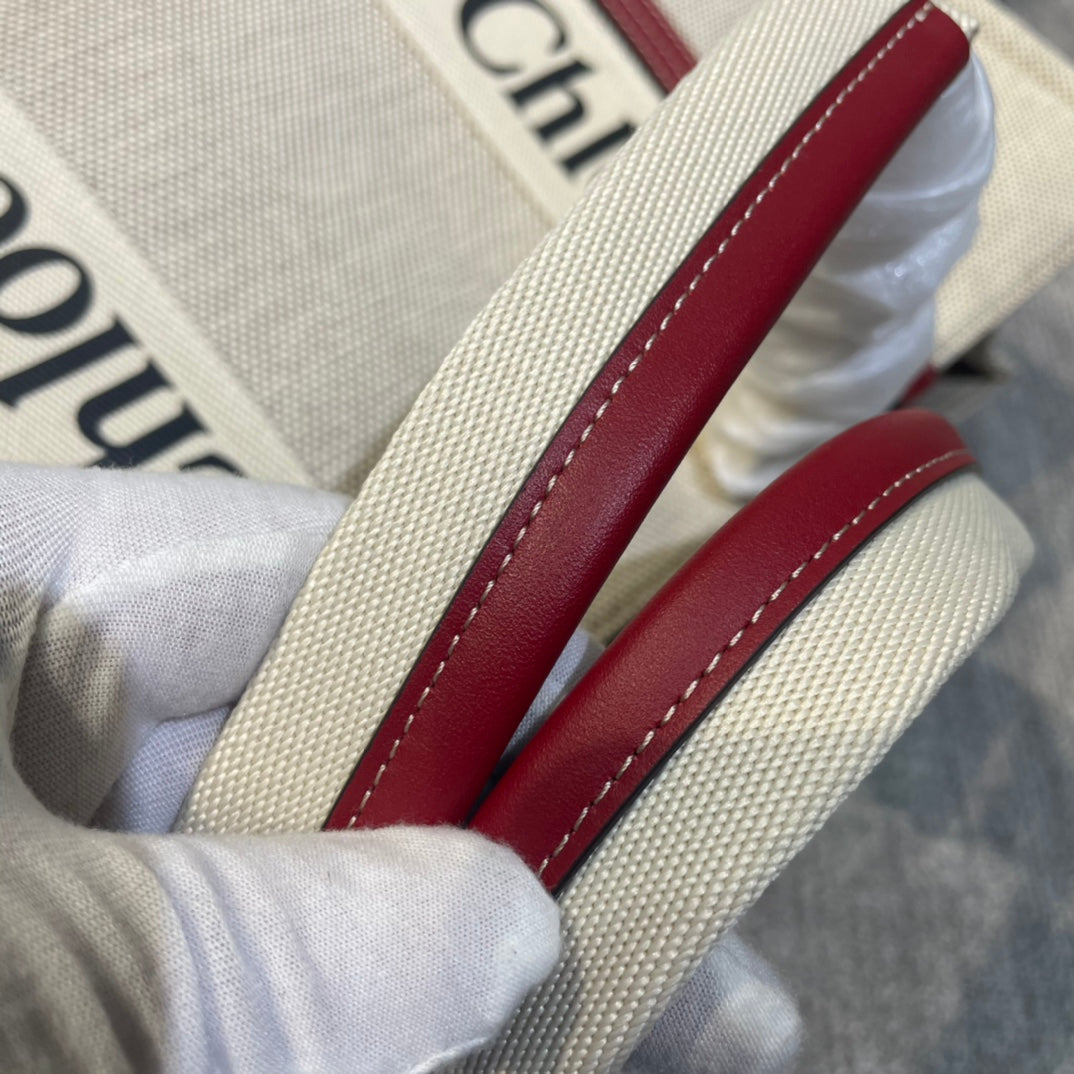 Lagre Woody Tote Bag 45 in Beige Linen Canvas Black Webbing Logo Embroider Red Calfskin