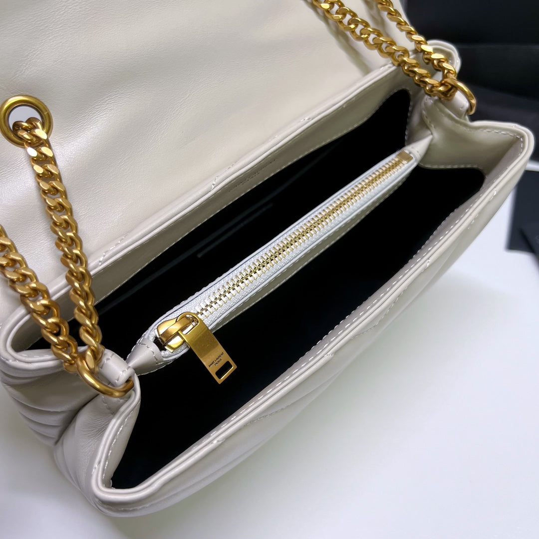 Saint Laurent Loulou Small 25 in White Lambskin Gold Hardware Bag