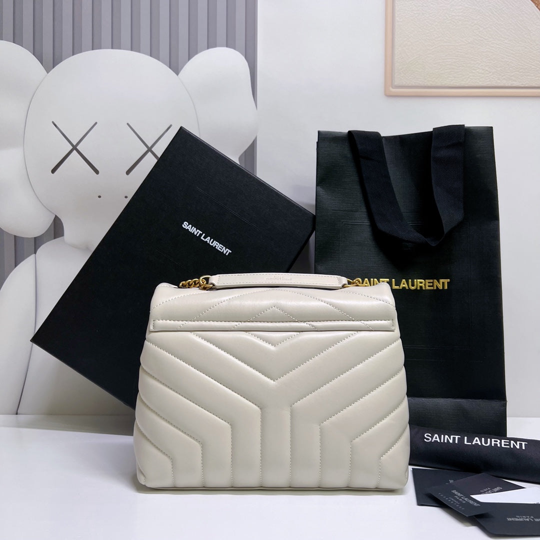 Saint Laurent Loulou Small 25 in White Lambskin Gold Hardware Bag