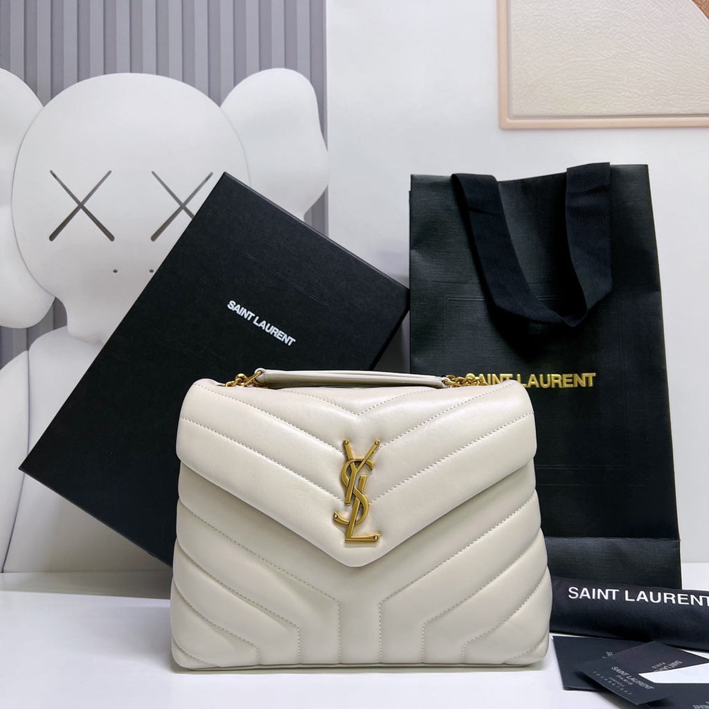 Saint Laurent Loulou Small 25 in White Lambskin Gold Hardware Bag