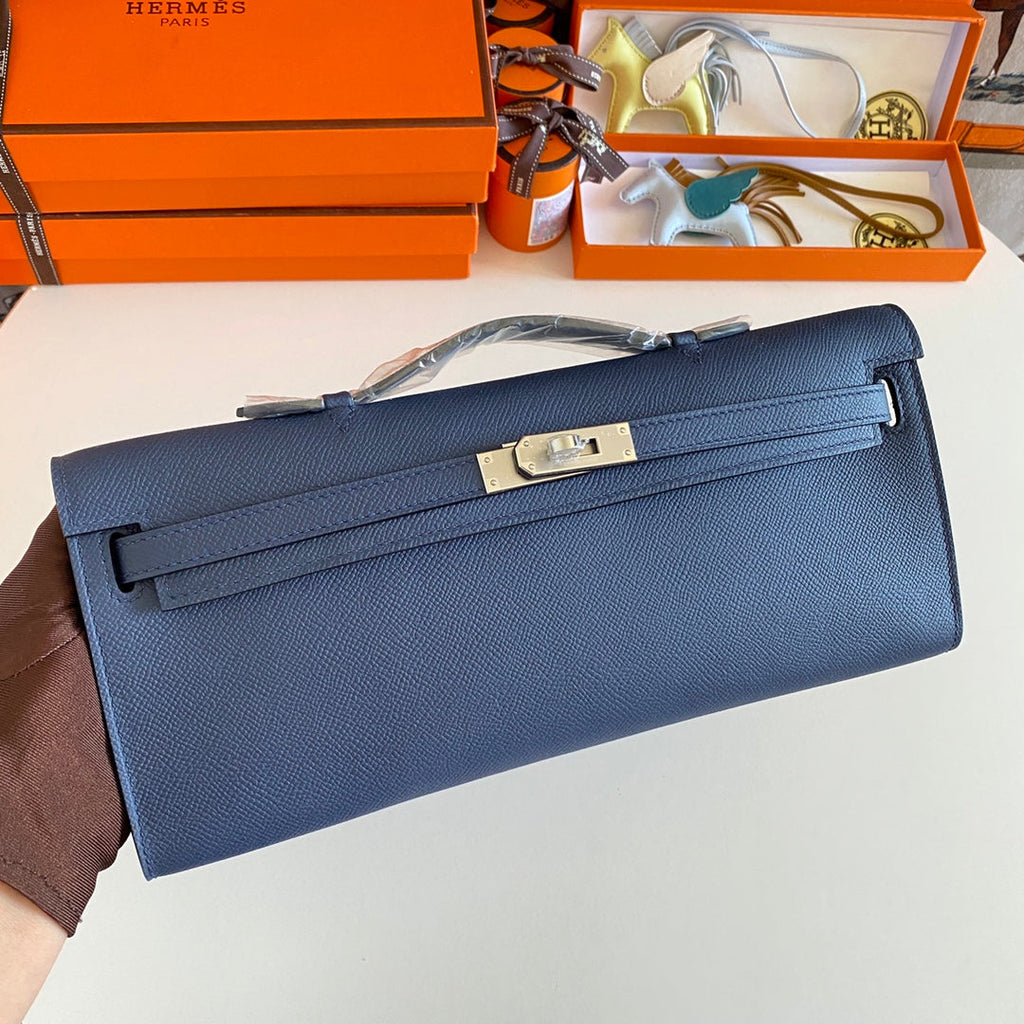 Hermes Kelly Cut 31 in Classic Blue Calfskin with Silver Hardware Bag