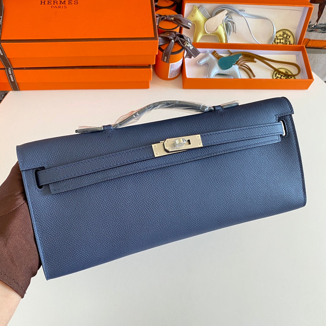 Hermes Kelly Cut 31 in Classic Blue Calfskin with Silver Hardware Bag