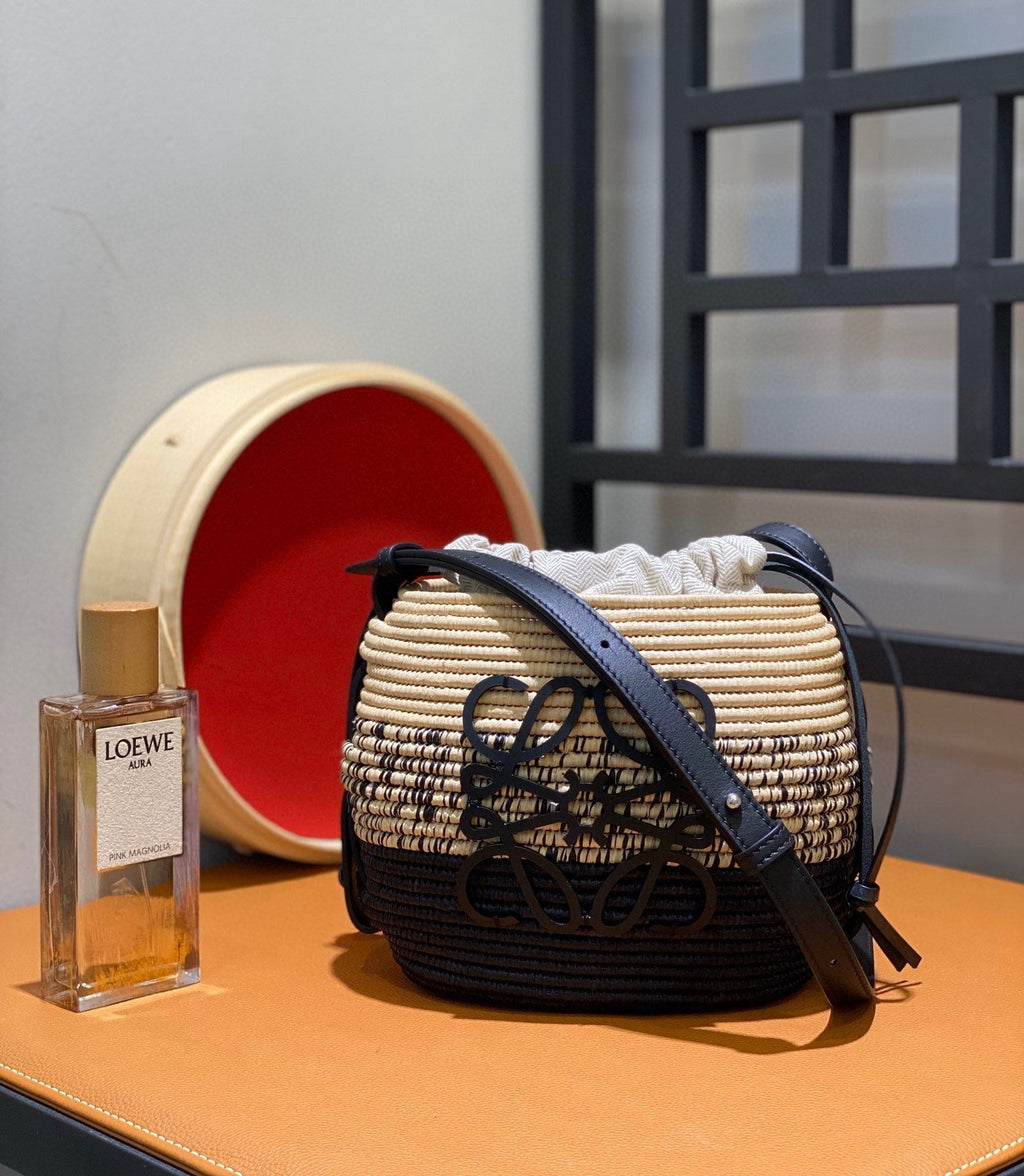 Loewe 18 Anagram Basket Bag in Black and Natural Raffia