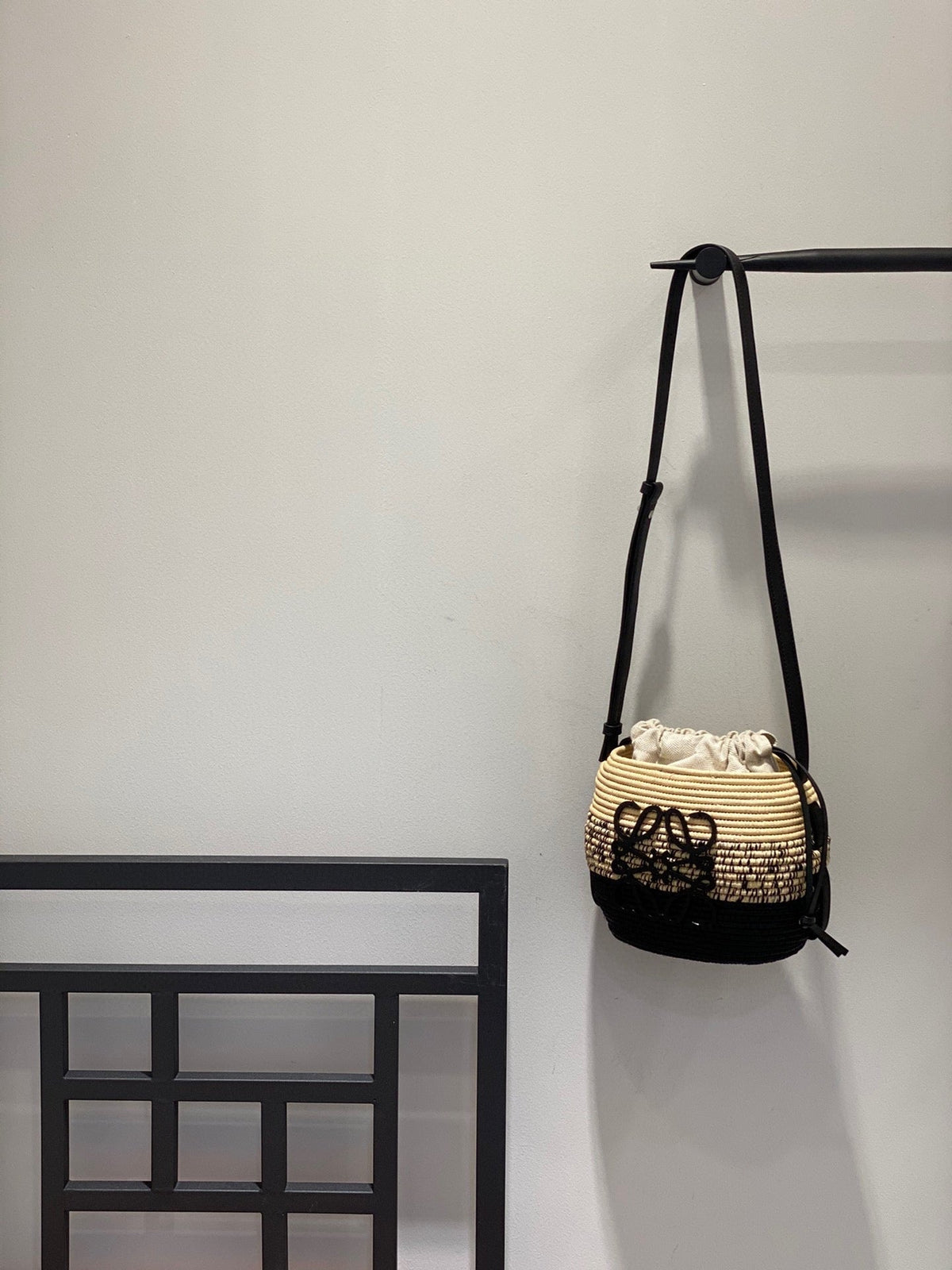 Loewe 18 Anagram Basket Bag in Black and Natural Raffia