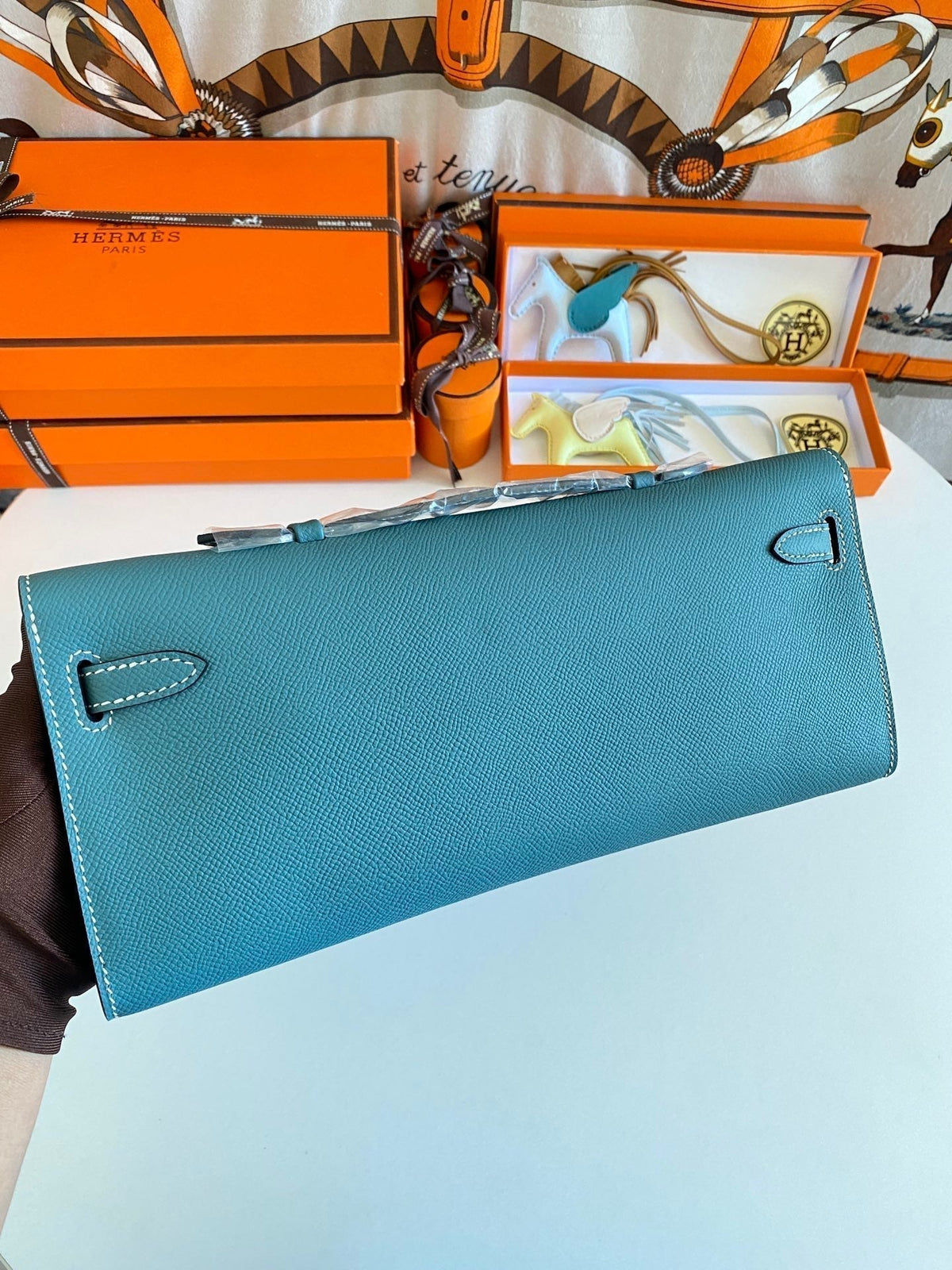 Hermes Kelly Cut 31 in Azure Blue Calfskin with Silver Hardware Bag