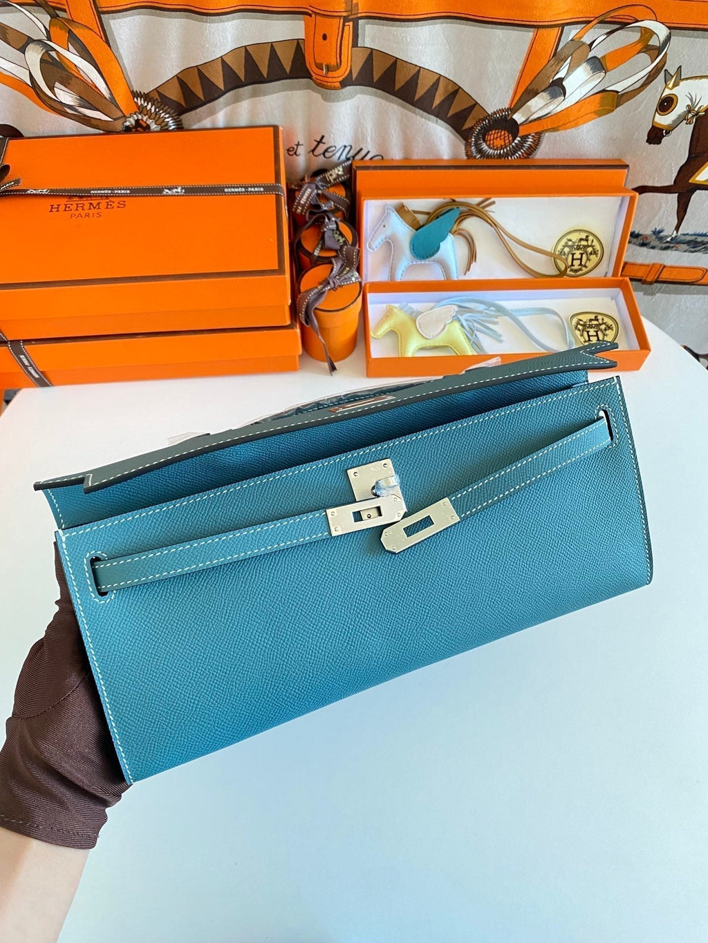Hermes Kelly Cut 31 in Azure Blue Calfskin with Silver Hardware Bag