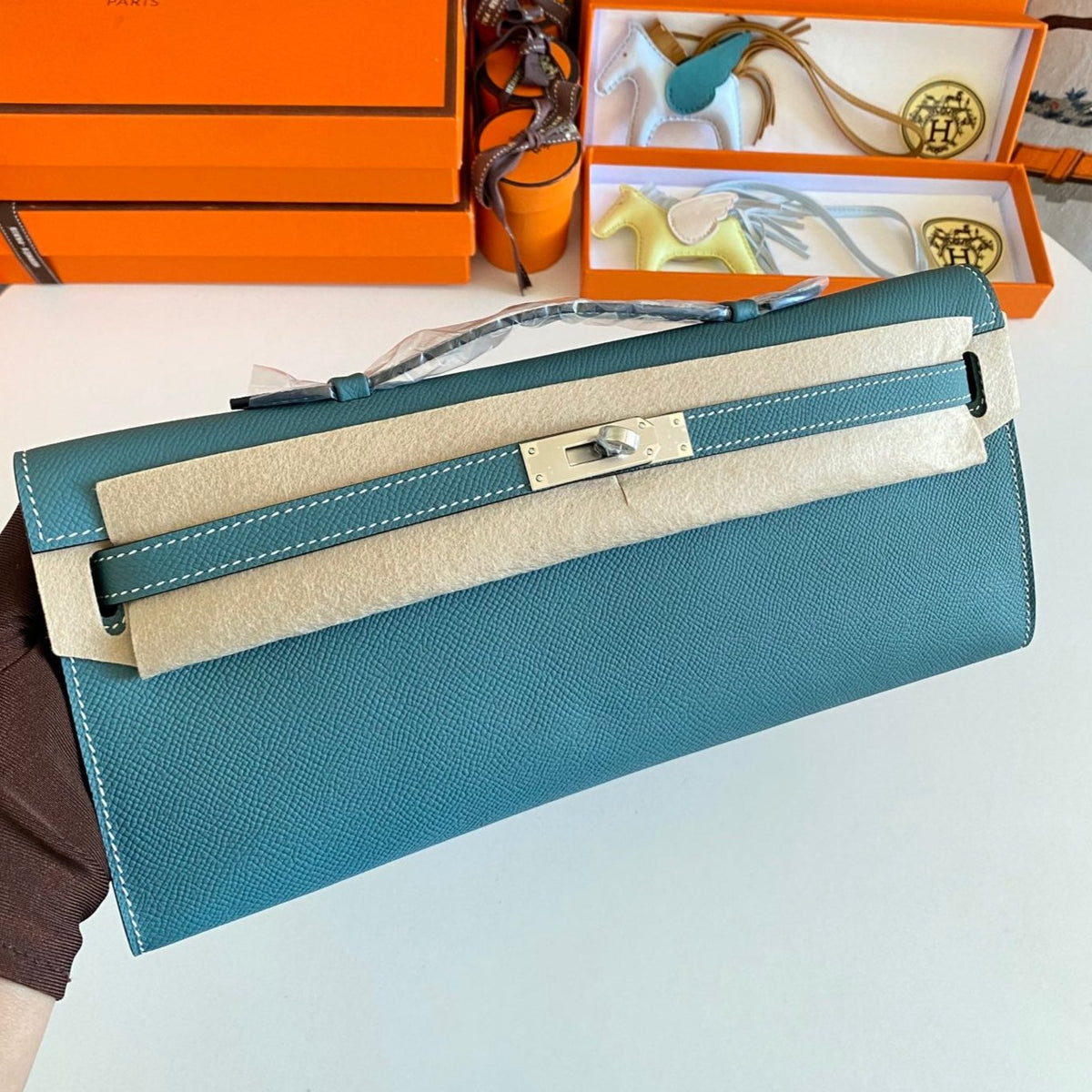 Hermes Kelly Cut 31 in Azure Blue Calfskin with Silver Hardware Bag