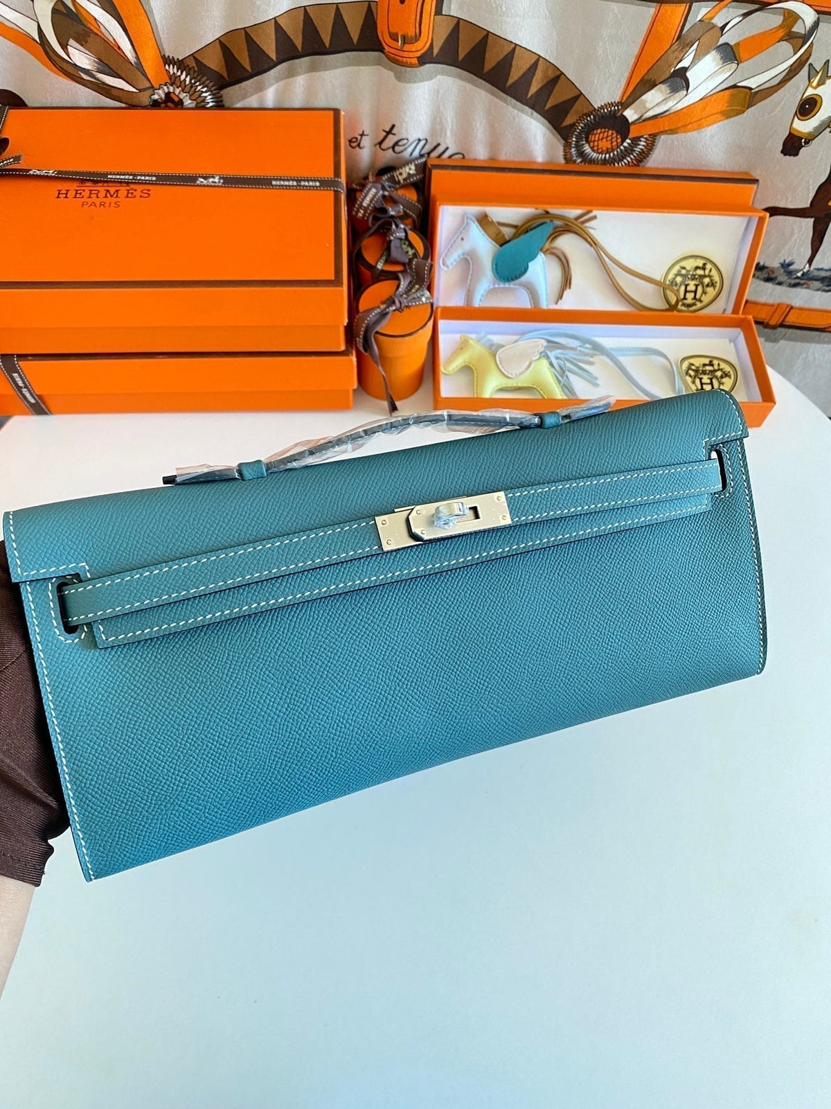 Hermes Kelly Cut 31 in Azure Blue Calfskin with Silver Hardware Bag