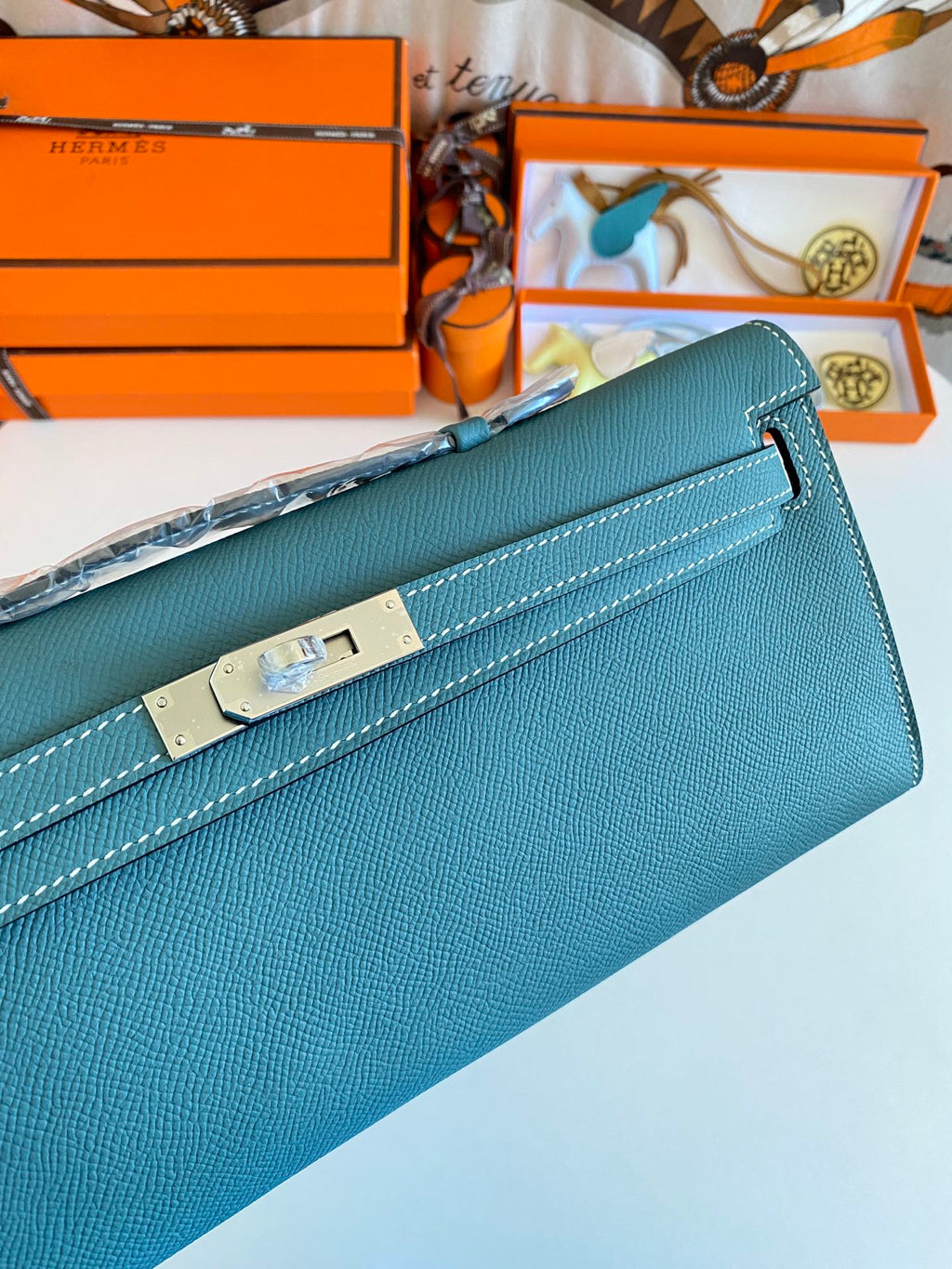 Hermes Kelly Cut 31 in Azure Blue Calfskin with Silver Hardware Bag