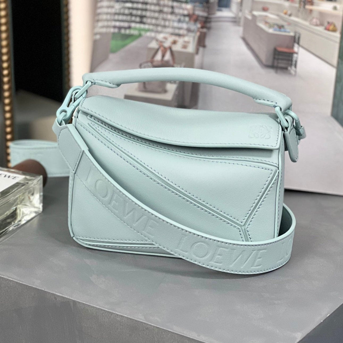 Loewe Mini 18 Puzzle Bag in Light Blue Satin Calfskin