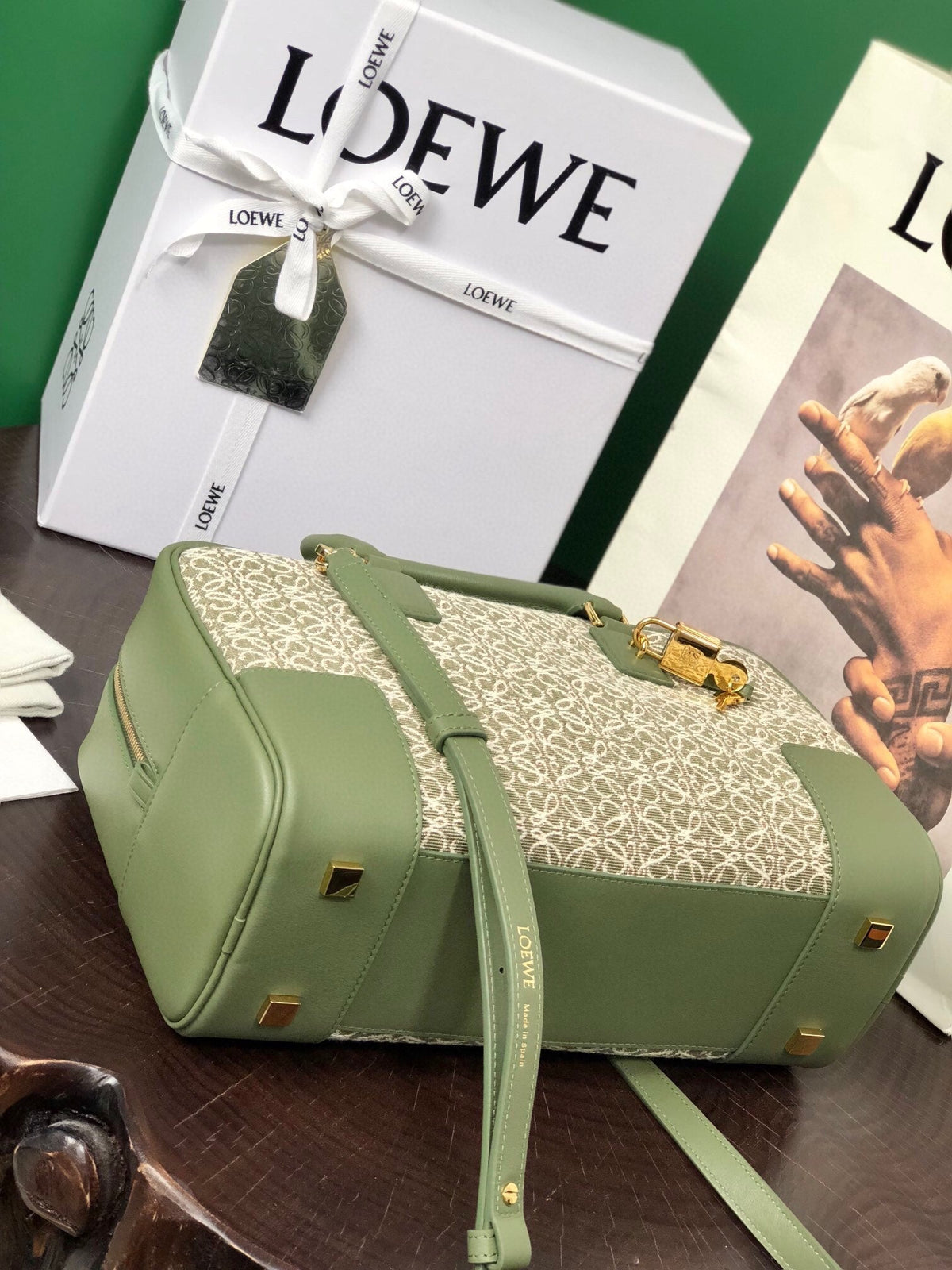 Loewe Amazona 28 Bag in Olive Green Calfskin and Beige Monogram Fabric