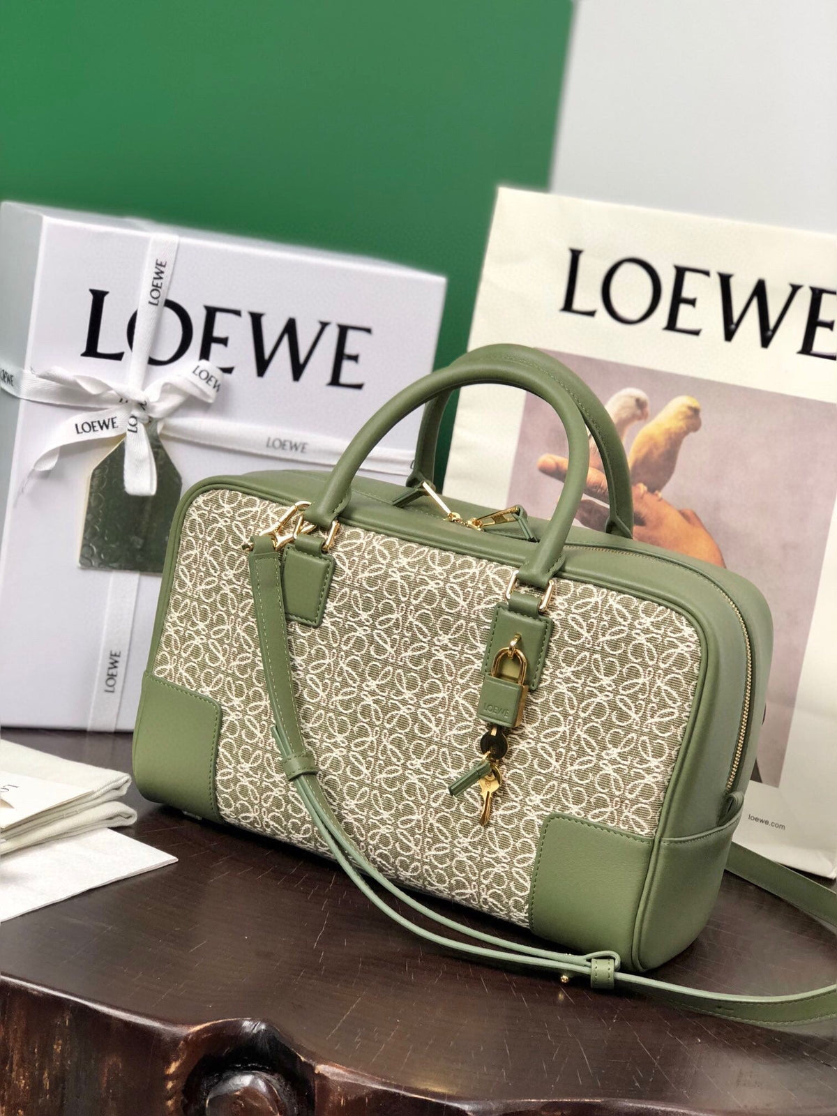 Loewe Amazona 28 Bag in Olive Green Calfskin and Beige Monogram Fabric