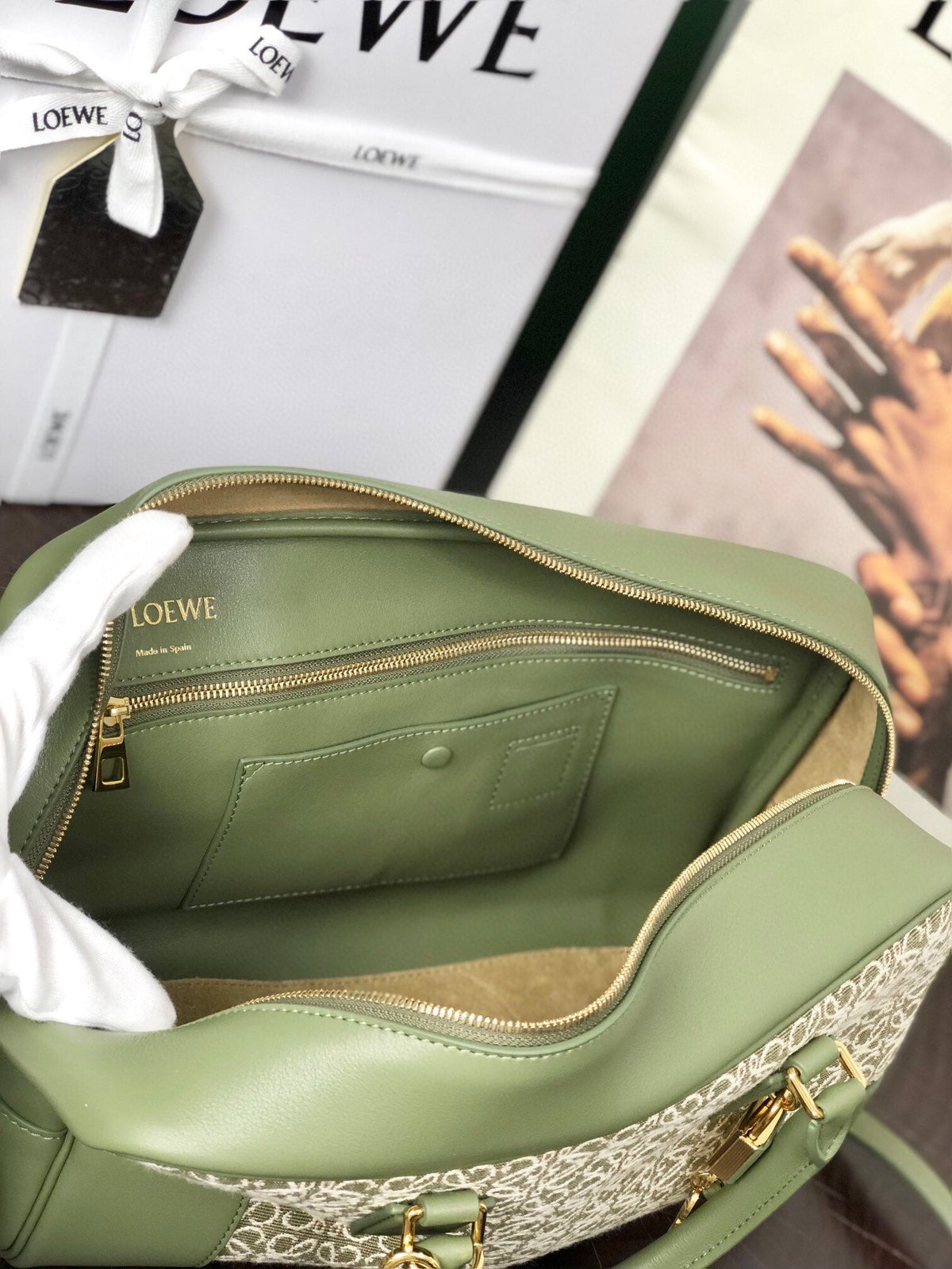 Loewe Amazona 28 Bag in Olive Green Calfskin and Beige Monogram Fabric