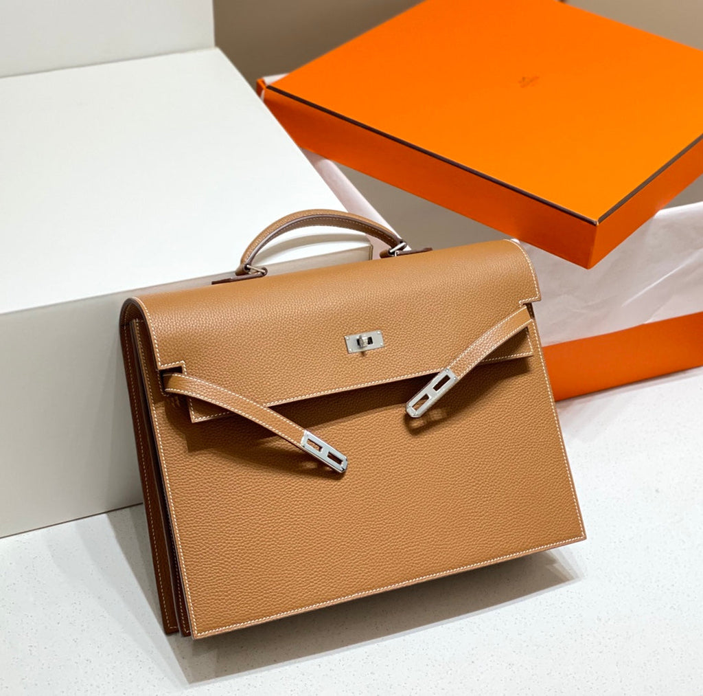 Hermes Kelly Depeches 38 Briefcase in Gold Togo Calfskin Silver Hardware Bag