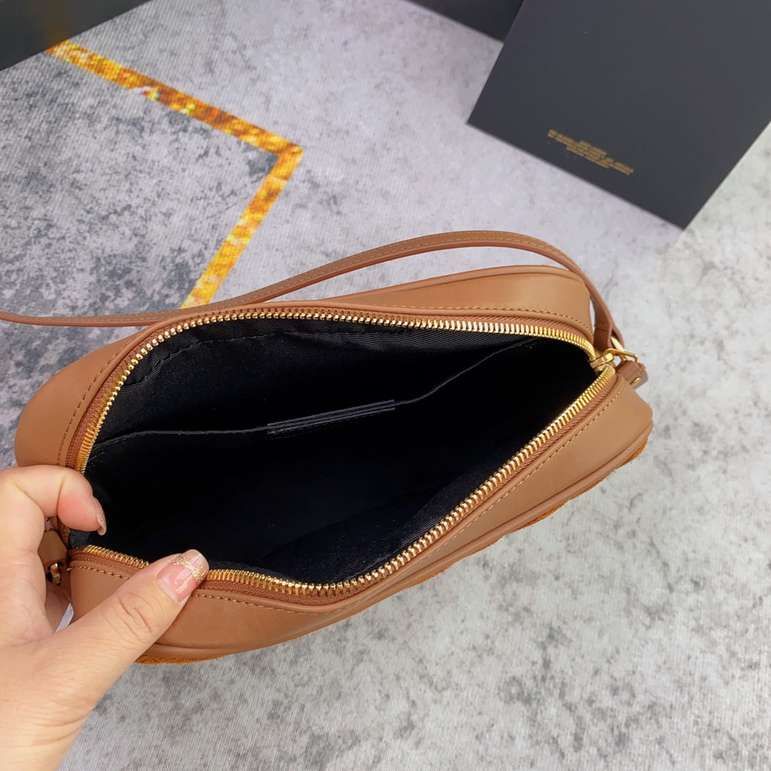 Saint Laurent Lou Camera Bag 23 in Spanish Orange Suede and Brown Calfskin Trim