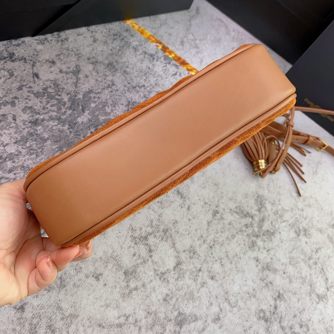 Saint Laurent Lou Camera Bag 23 in Spanish Orange Suede and Brown Calfskin Trim