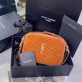 Saint Laurent Lou Camera Bag 23 in Spanish Orange Suede and Brown Calfskin Trim
