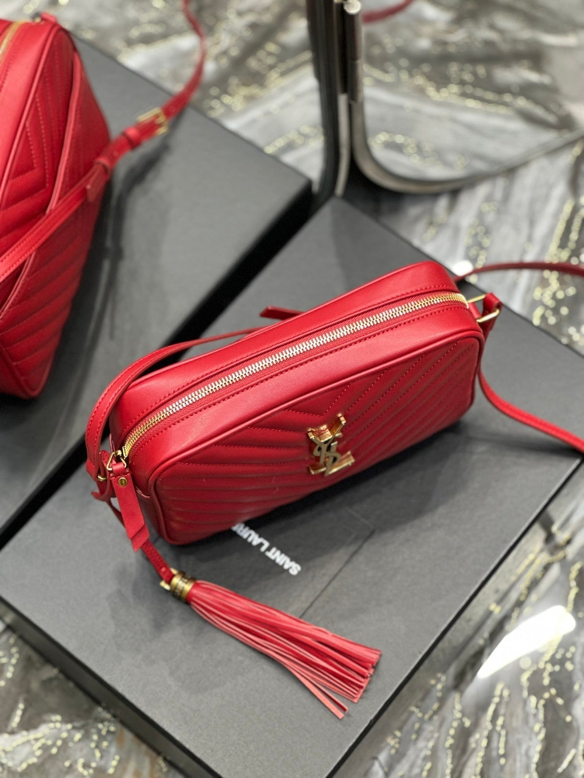 Saint Laurent Lou Camera 23 Red Lambskin Gold Hardware Bag