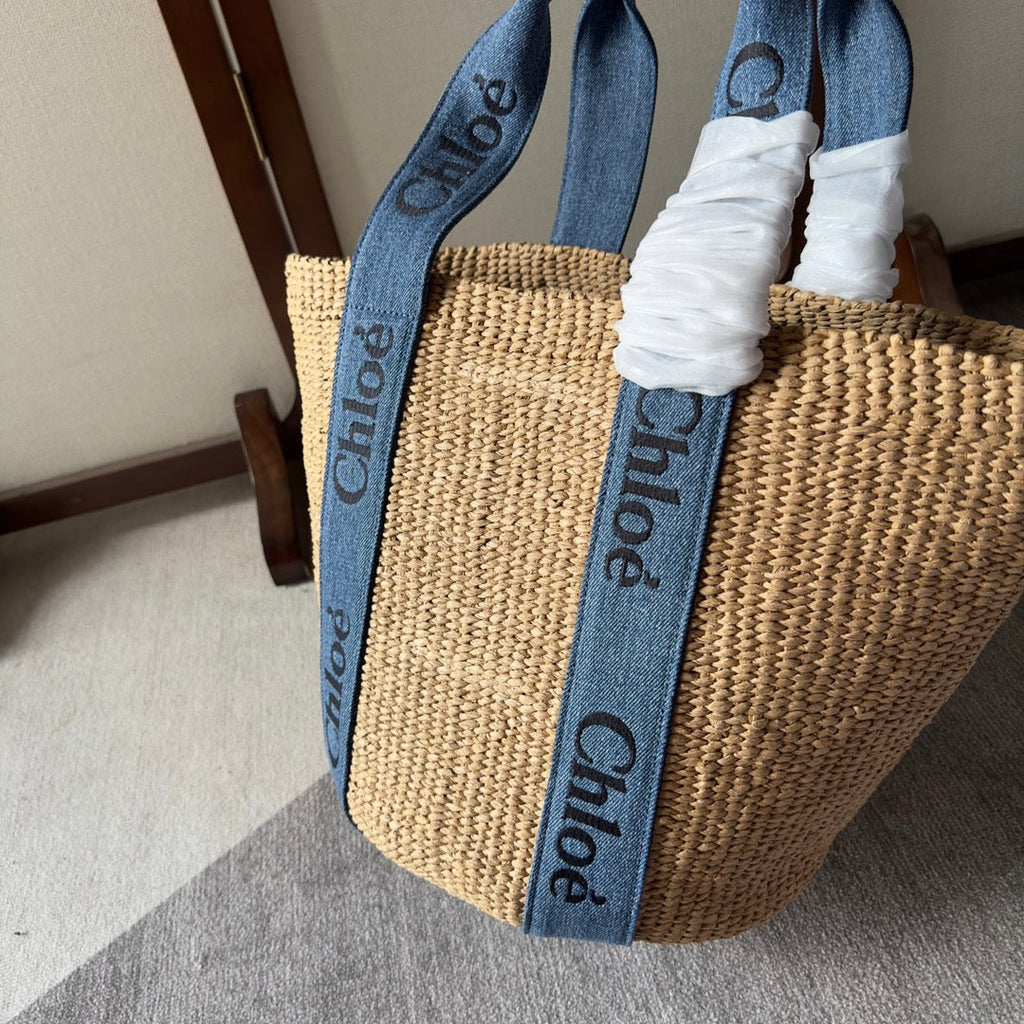 Lagre Woody Tote Bag 48 in Natural Fibers Blue Denim Black Calfskin