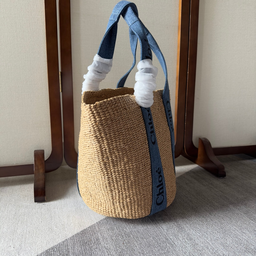 Lagre Woody Tote Bag 48 in Natural Fibers Blue Denim Black Calfskin