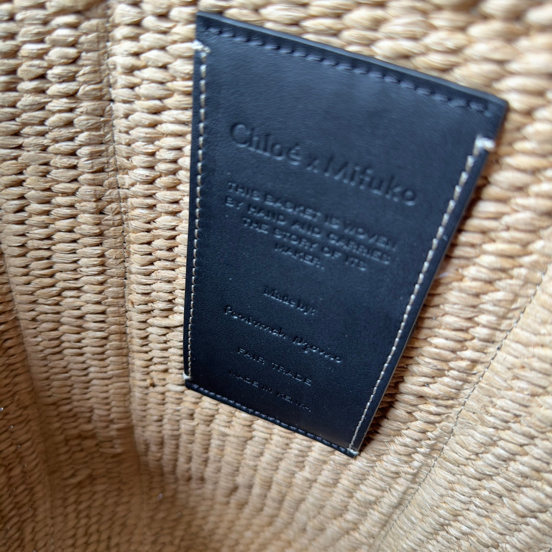 Lagre Woody Tote Bag 48 in Natural Fibers Blue Denim Black Calfskin