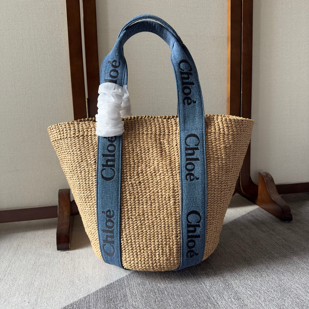 Lagre Woody Tote Bag 48 in Natural Fibers Blue Denim Black Calfskin