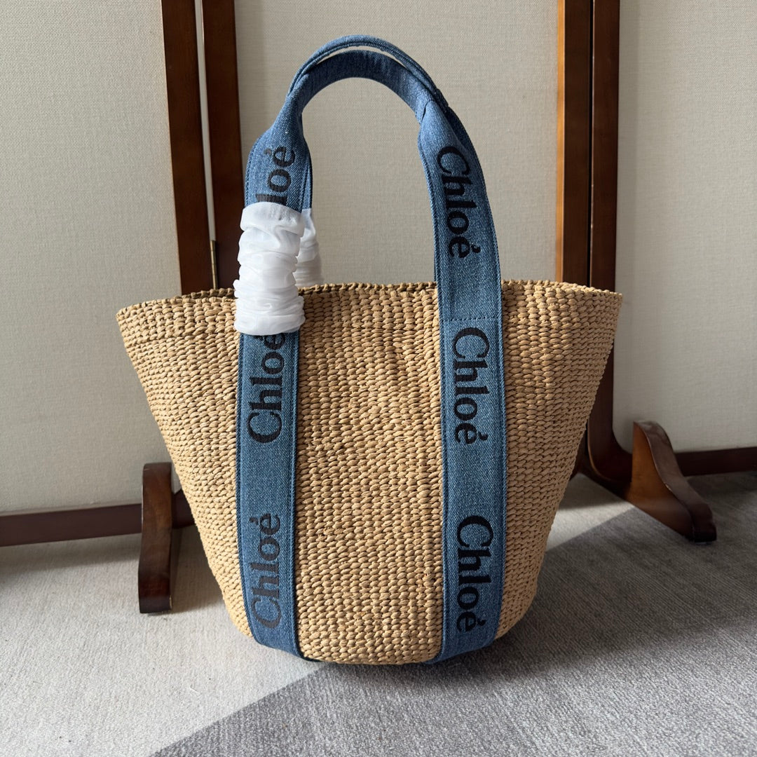 Lagre Woody Tote Bag 48 in Natural Fibers Blue Denim Black Calfskin