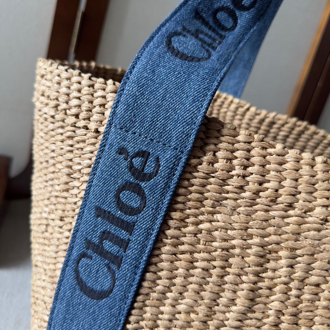 Lagre Woody Tote Bag 48 in Natural Fibers Blue Denim Black Calfskin